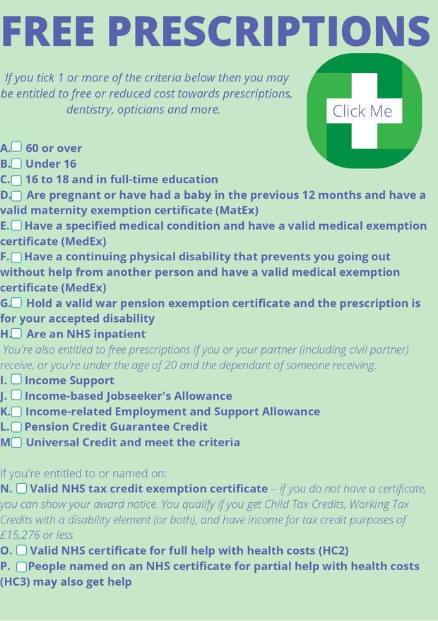 Eligibility for free prescriptions Bletchley and Fenny Stratford Town